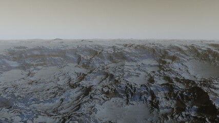 science fiction illustration, alien planet landscape with strange rock formations, fictional space scene, rocky hills and mountains