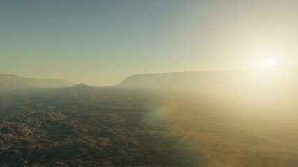 science fiction illustration, alien planet landscape with strange rock formations, fictional space scene, rocky hills and mountains