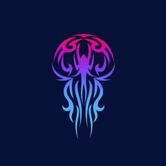 Jellyfish logo.Bright neon colors underwater animal.Modern medusa concept.Ocean element.Elegant, bright lines.Sea life icon isolated on dark background.Ornamental, decorative shapes.