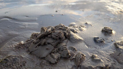 Close-up of wet sand falls on the river bank creating different shapes