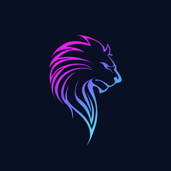 Lion logo.Wild animal silhouette.Neon colors icon isolated on dark background.Predator head.Modern style.