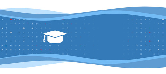 Blue wavy banner with a white square academic cap symbol on the left. On the background there are small white shapes, some are highlighted in red. There is an empty space for text on the right side