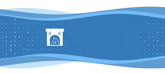 Blue wavy banner with a white christmas fireplace symbol on the left. On the background there are small white shapes, some are highlighted in red. There is an empty space for text on the right side