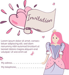 cute invitation from a princess, template for a little girl. Cartoon style vector illustration