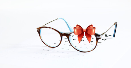 Occhiali da vista e fiocco in nastro rosso isolato su sfondo bianco. Carta regalo occhiali da vista...