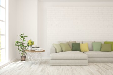 White living room with sofa. Scandinavian interior design. 3D illustration