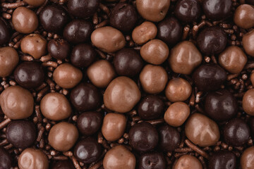 delicious chocolate shavings noodles as background closeup . Textures
