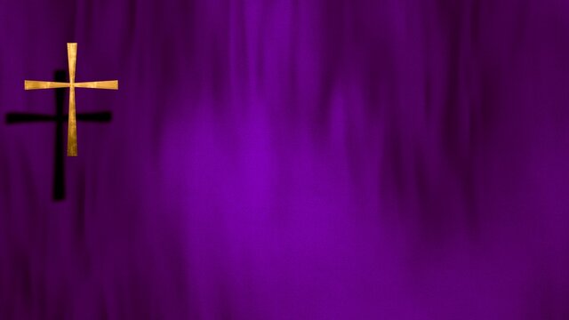 Waving satin with golden Christian Cross on liturgic violet purple copy space. 3D illustration concept for online worship church sermon in Advent and Lent symbolizing penance sacrifice and mourning