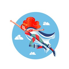 Female superhero in costume flying. Superwoman with cape vector illustration. Cartoon comic woman with powers posing on blue sky background. Brave girl hurrying to save people