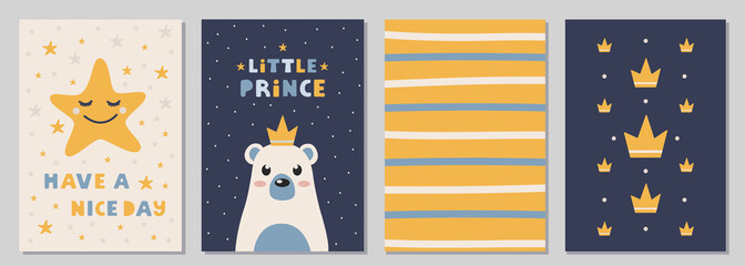 Vector set of cute greeting cards or nursery  posters  with cute bear, crown, stars and text in scandinavian style.  Modern design  for prints,  cards, apparel,  children room