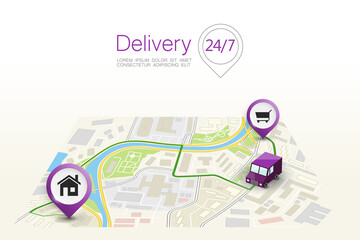 City map delivery navigation route, point markers delivery van, drawing schema itinerary delivery car, city plan GPS navigation itinerary destination arrow city map. Route check point business graphic