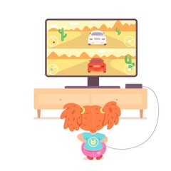 Kid playing video games on tv at home. Happy girl holding console and playing videogames with joystick in hands. Entertainment at home with technology vector illustration