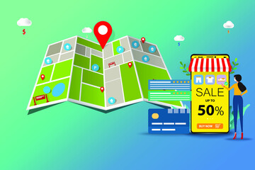 Business concept of online shopping, young woman wear a medical white mask and touch on the screen of smart phone to order a new shoe in a background of big map and marker in perspective view.