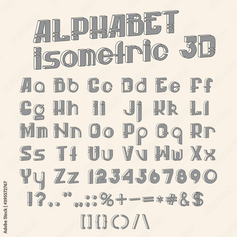 Fototapete vector isometric 3d font. grayscale collection of letters, numbers and punctuation marks