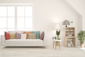 Fototapeta premium White living room with sofa. Scandinavian interior design. 3D illustration