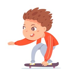 Kid riding on skateboard. Happy boy skating on board with speed, isolated on white background. Recreation at skatepark playground vector illustration. Modern youth leisure