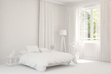 Stylish bedroom in white color with summer landscape in window. Scandinavian interior design. 3D illustration