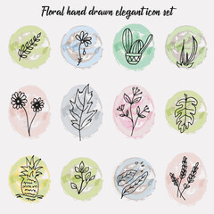 Vector hand drawn collection of floral icons with watercolor circled background. Floral vintage icon set. Design decorations/