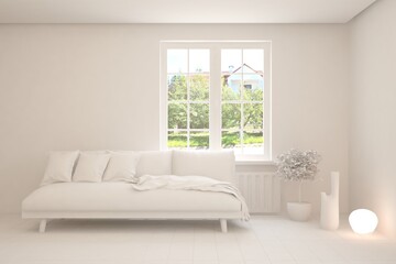 White living room with sofa and summer landscape in window. Scandinavian interior design. 3D illustration