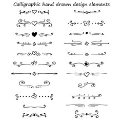 Vector hand drawn set of calligraphic elements with hearts and flowers. Collection of vintage and wedding dividers with swirls and retro elements.