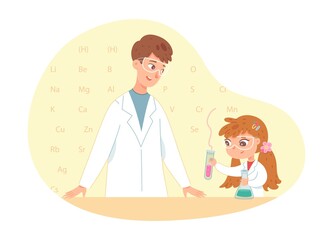 School chemistry lesson in class. Kid with teacher in education vector illustration. Little girl doing chemistry experiment at school, holding flasks, man in coat standing nearby