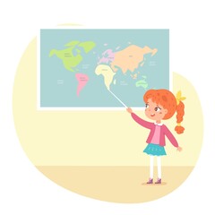 Girl answering at geography lesson in class. School education vector illustration. Young girl standing and pointing at map with countries and oceans with stick. Happy child learning