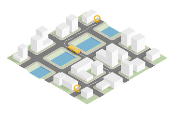 Yellow cab isometric city. Online navigation application order taxi service. Isometry car isometric route town. 3D taxi classic vehicle itinerary road city. Get a taxi online phone application