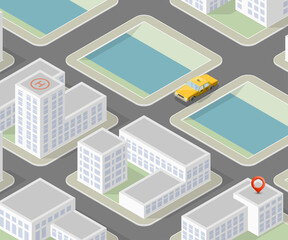 Flat isometric automobil city. Online navigation application auto service. Isometry car, flat isometric route town. 3D car classic vehicle itinerary road city. Get a motor online phone application