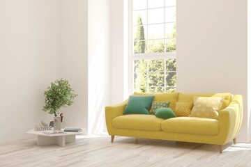 White living room with sofa and summer landscape in window. Scandinavian interior design. 3D illustration