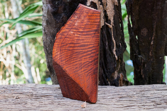 Natural Burma padauk wood has tiger stripe or curly stripe grain on the table