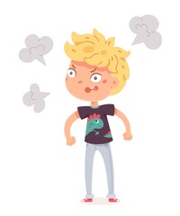 Angry boy standing and shouting. Child with dislike face expression readu to fight. Negative emotion and distress vector illustration. Cute little kid in bad mood on white background