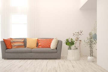 White living room with sofa. Scandinavian interior design. 3D illustration