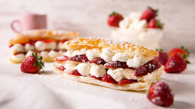 French pastry dessert with cream and strawberrys