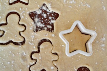 Christmas cookie dough stretched and cut with molds in the shape of a gingerbread man and stars