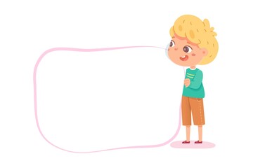 Kid diploma design template. Happy boy holding border for school or kindergarten certificate vector illustration. Elementary education success. Smiling student on white background