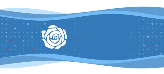 Blue wavy banner with a white rose symbol on the left. On the background there are small white shapes, some are highlighted in red. There is an empty space for text on the right side