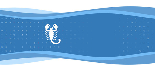 Fototapeta na wymiar Blue wavy banner with a white scorpio symbol on the left. On the background there are small white shapes, some are highlighted in red. There is an empty space for text on the right side