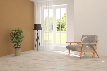 White living room with armchair and green landscape in window. Scandinavian interior design. 3D illustration