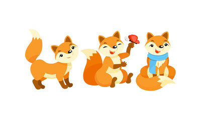 Cute Orange Fox Wearing Scarf and Playing with Butterfly Vector Set