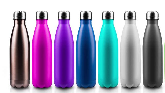 Stop motion photography concept. Colorful steel reusable thermo water bottles isolated on white background. 4k animation. 