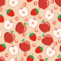 Seamless pattern of apples, halves and strawberries. Vector illustration
