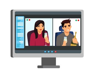 People drinking wine at online video call on computer screen. Communication via digital technology vector illustration. Woman and man celebrating with champagne. Virtual digital meeting