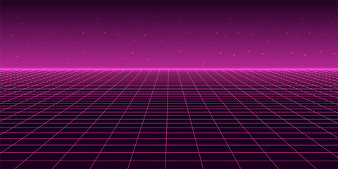 Abstract wireframe landscape 1980s style. Retro futuristic vector grid. Technology neon background.
