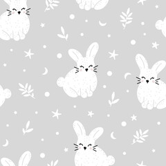 Cute rabbit nursery seamless pattern with abstract elements isolated on gray background. Monochrome hand drawn vector illustration in Scandinavian style.