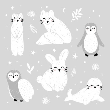 Cute collection of winter animals: ermine, fox, penguin, owl, rabbit and seal with abstract dots, stars and winter elements. Monochrome hand drawn Scandinavian style vector illustration.