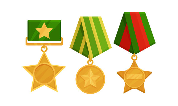 Star and Cross War Medal with Ribbon as Decoration Vector Set