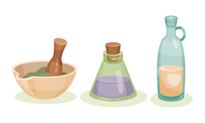 Mortar with Pestle and Corked Glass Jar with Mixture as Medicine Vector Set