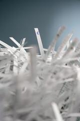 A pile of shredded paper strips and on one strip a Euro symbol is printed.