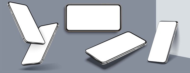 Mobile phones mock up in different angles isolated, 3d perspective view cellular mockup with white empty screen isolated. Device UI/UX mockup for presentation template. Vector illustration