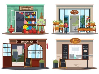 Small business shop background set. View of ceramics store, flower and plant, barber shops, coffeeshop with waffles. Local downtown market vector illustration. Cuisine and modern service
